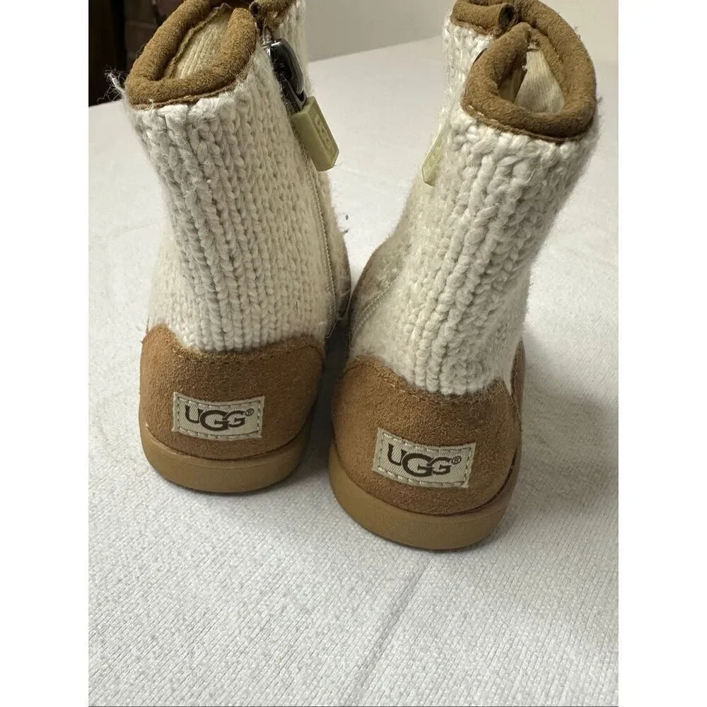 UGG Toddler Chestnut White Classic Short Knit Zip Ankle Winter Boots Size 6